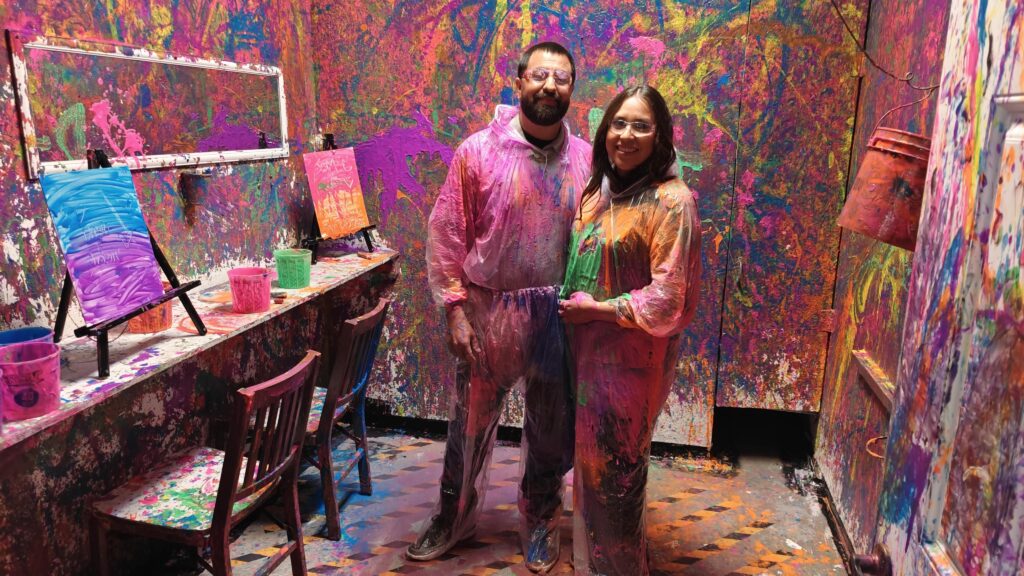 Protective gear paint throw session at splatter room Oceanside