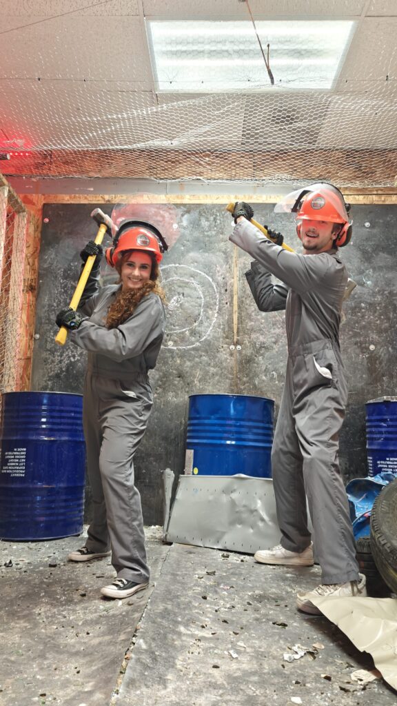 Team destroyed car after rage room car smash session Oceanside